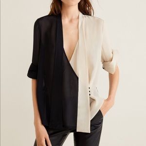 Mango Bicolor Blouse | Color block Sheer Tie Neck Long Sleeve Two Tone Top | XS